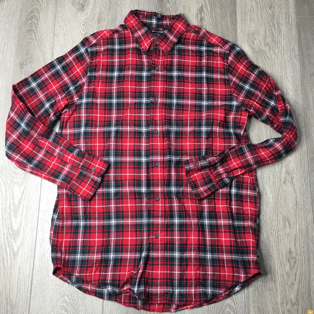 Chaps Plaid Flannel Cotton Long Sleeves Button Down Shirt Red Medium
